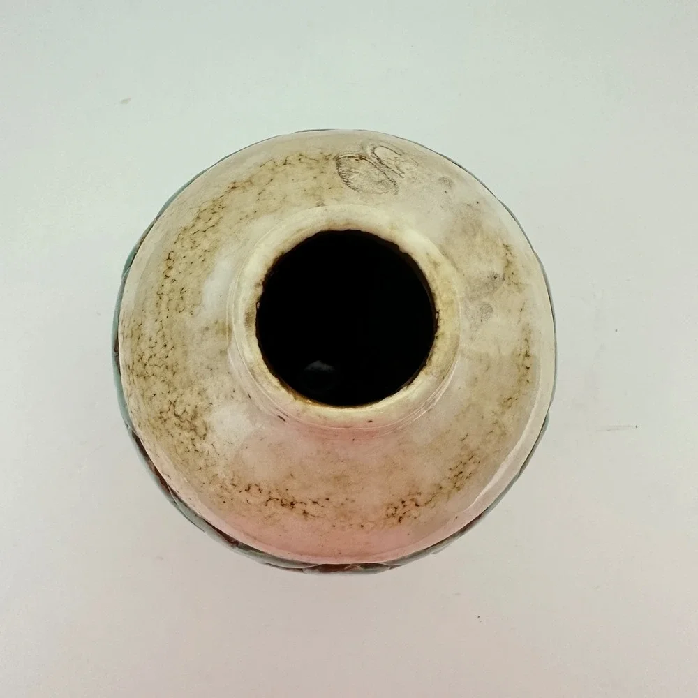 Textured Teal Brown Ceramic Bud Vase Geometric Quatrefoil Boho MCM 6.5 Inch